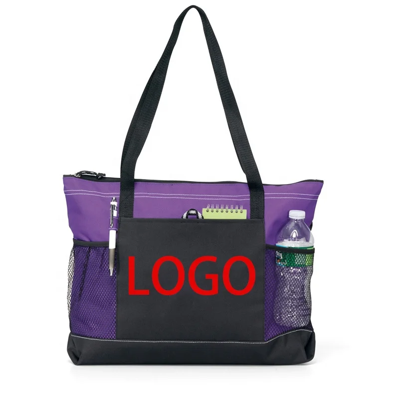 HOT Large Cheap Travel Exhibition Business Handle Carrier 600d Polyester Canvas Zippered Shopping Tote Bag With Mesh Pockets