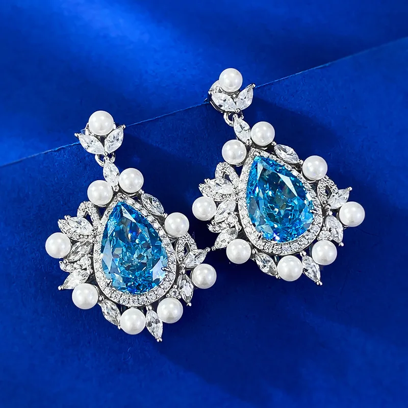 S925 Silver Earrings Pear Cut 8x12mm Sea Blue Zircon Inlaid Water Drop Versatile Boutique Fine Jewelry Earrings