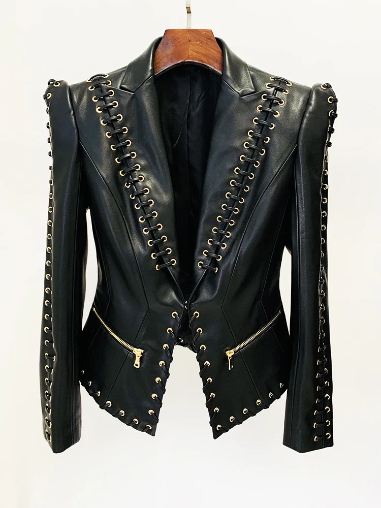 Top Quality Luxury Women Long Sleeve Hollow Out Celebrity Leather Runway Jackets