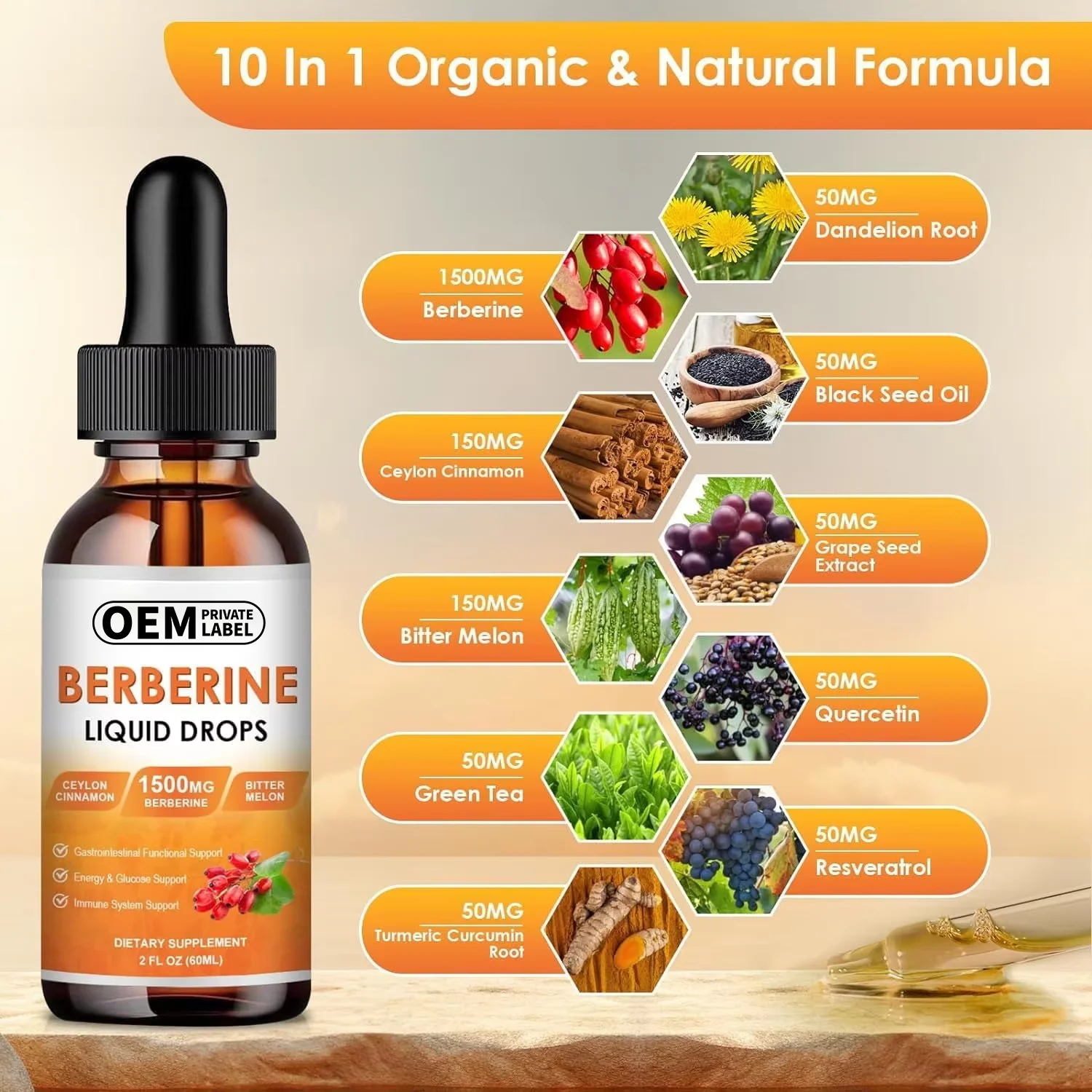 OEM Berberine Liquid Drops with Ceylon Cinnamon for Antioxidant Heart Health Berberine Liquid Drops Support Cardiovascular Care