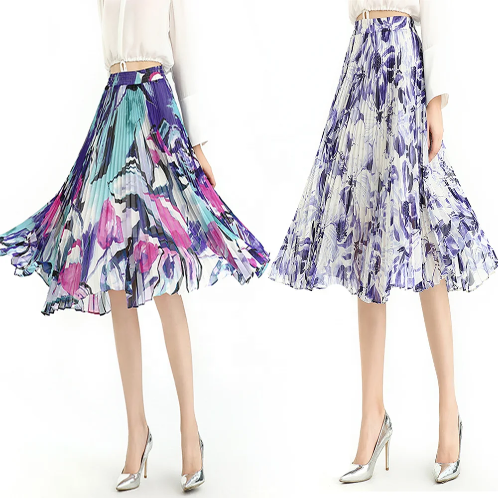 S076A custom low moq odm oem Fall High Quality Fashion New Print Chiffon Sunray Pleat Casual Skirt factory for Girl Women