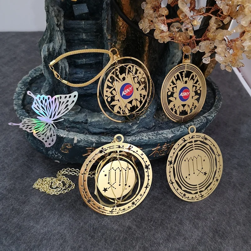 Fashion Rotatable Constellations Horoscope Hollow Out Metal  Bookmark Pendant Jewelry Necklace