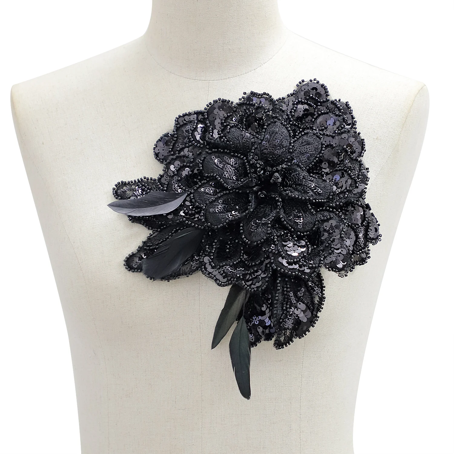 LQ007 Handwork 3D Black Brooch with Sequins Beading Applique Patch for Couture Dress ,Wedding Dresses Accessories DIY