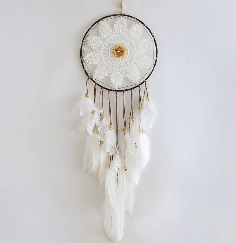 White Bohemian Feather Dream Catcher Home Decoration Wall Hanging Decor For Bedroom Traditional Circular Net
