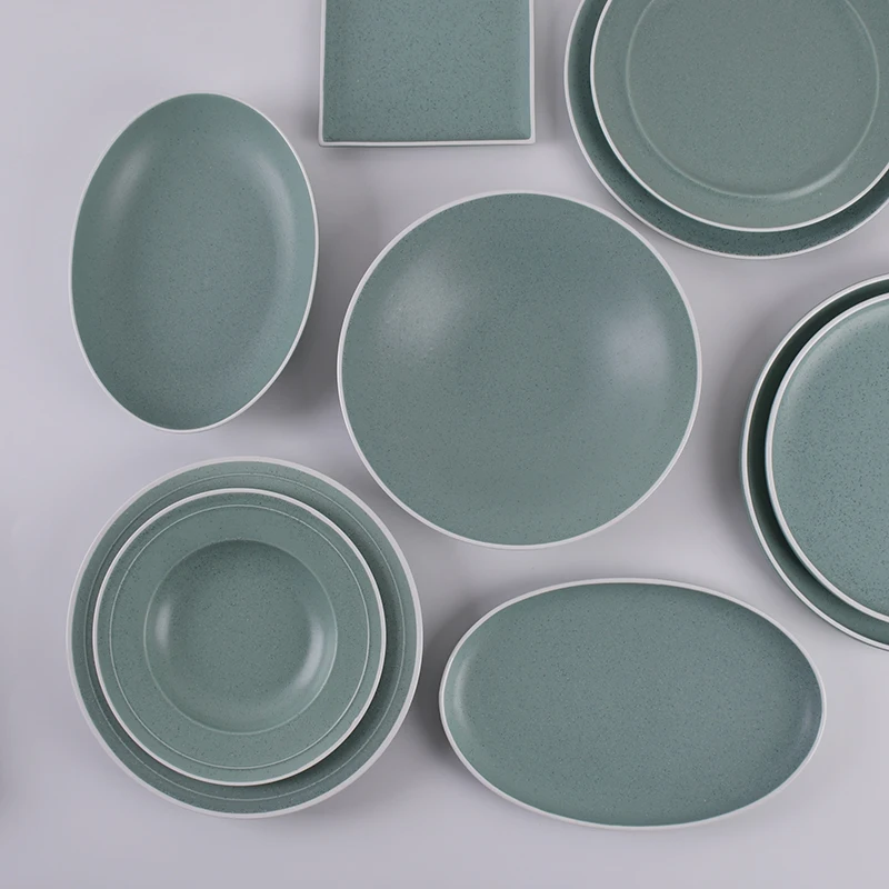 Green Glaze Ceramic Plato Raised Rim Flat Chef Dish 8 inch Serving Platter Fine Dining Restaurant Porcelain Dinner Plate