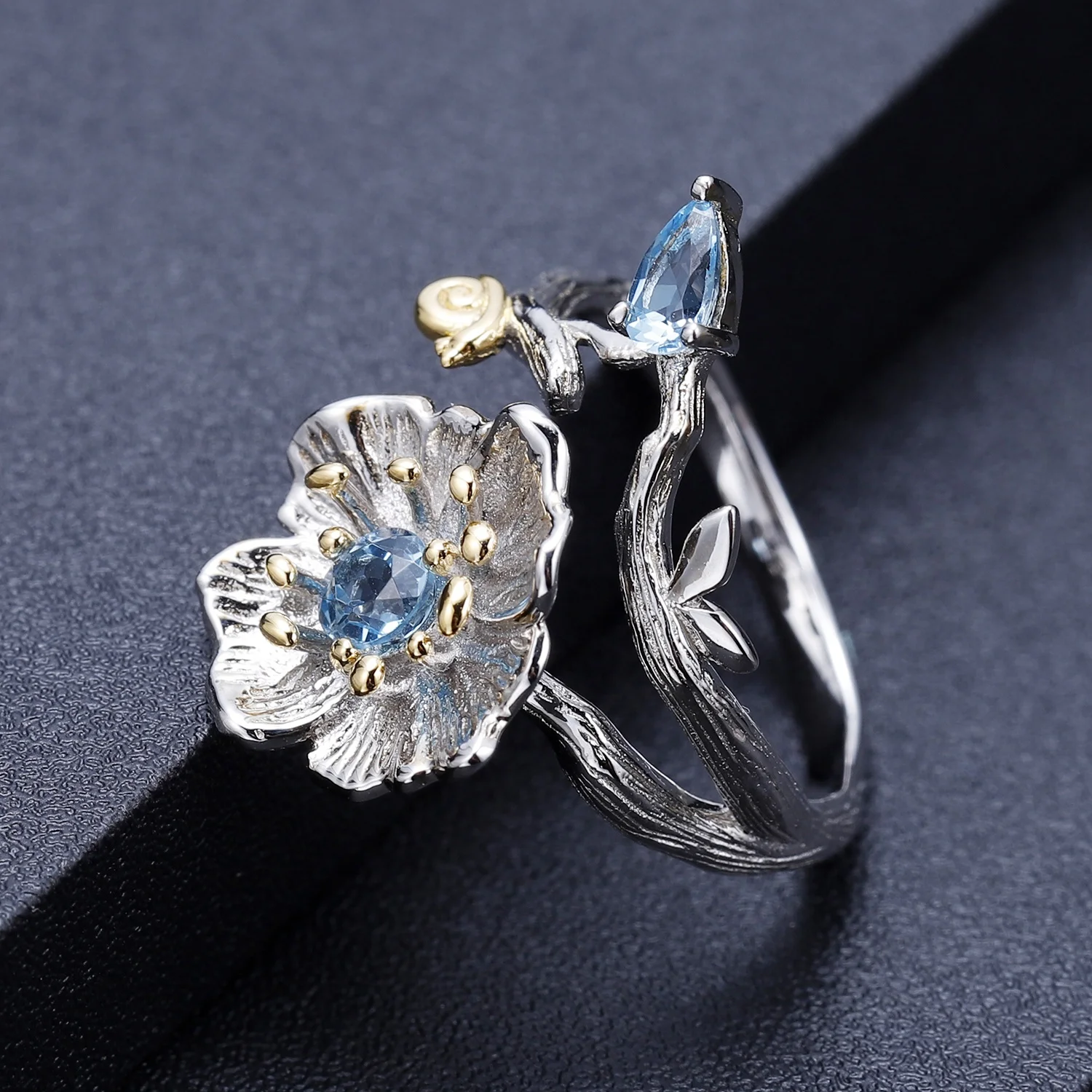 C7772 Abiding Dainty Swiss Blue Topaz 925 Sterling Silver Flower Jewelry Set Adjustable Ring Fish Hook Earrings