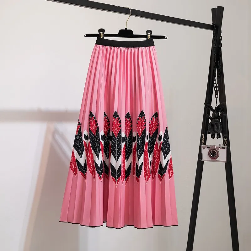 
2021 New printed skirt women elastic waistband midi length pleated skirt 
