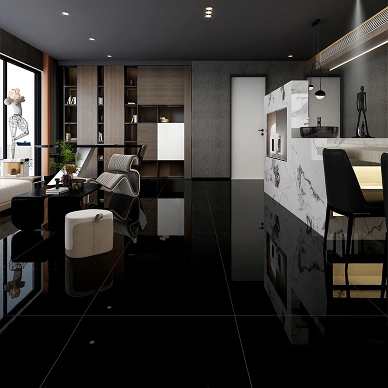 Foshan brick pure black tile 600x1200 glossy marble floor soft light kitchen and bathroom wall tile black matte floor tile