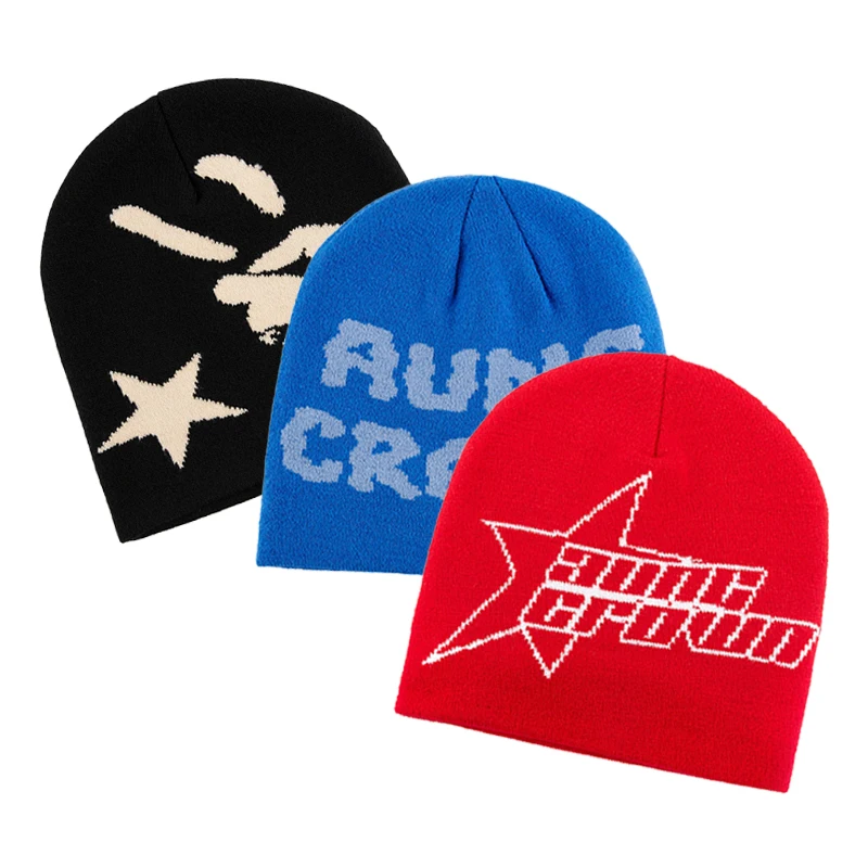 Customized stretchable rib knit fabric 100% Acrylic beanies hats all over logo knitted jacquard winter skull beanie caps