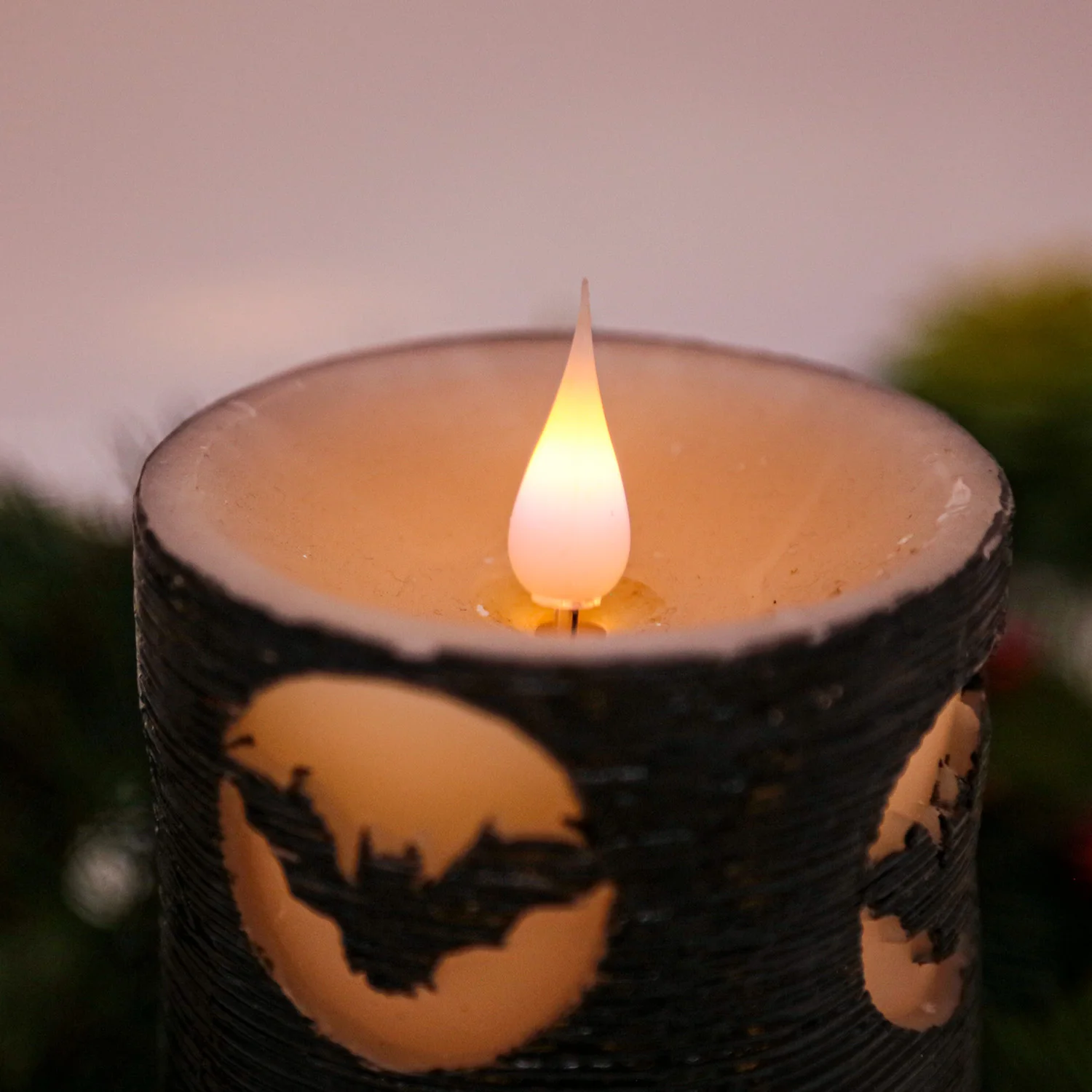 
flameless black color flame candle for halloween pillar glitter flickering led candles led light 