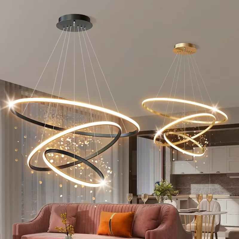 Modern Home Decorative Hotel Villa Living Room Circle LED Hanging Pendant Light Acrylic Gold Luxury Round 3 Ring Chandelier