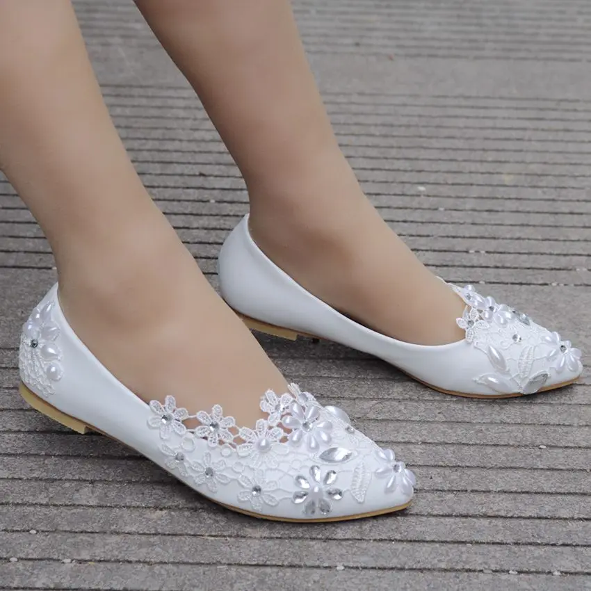 Crystal Queen Women Flats Handmade Wedding Shoes Pearl Rhinestone Beaded Anklet Lace White Bridesmaid Shoes
