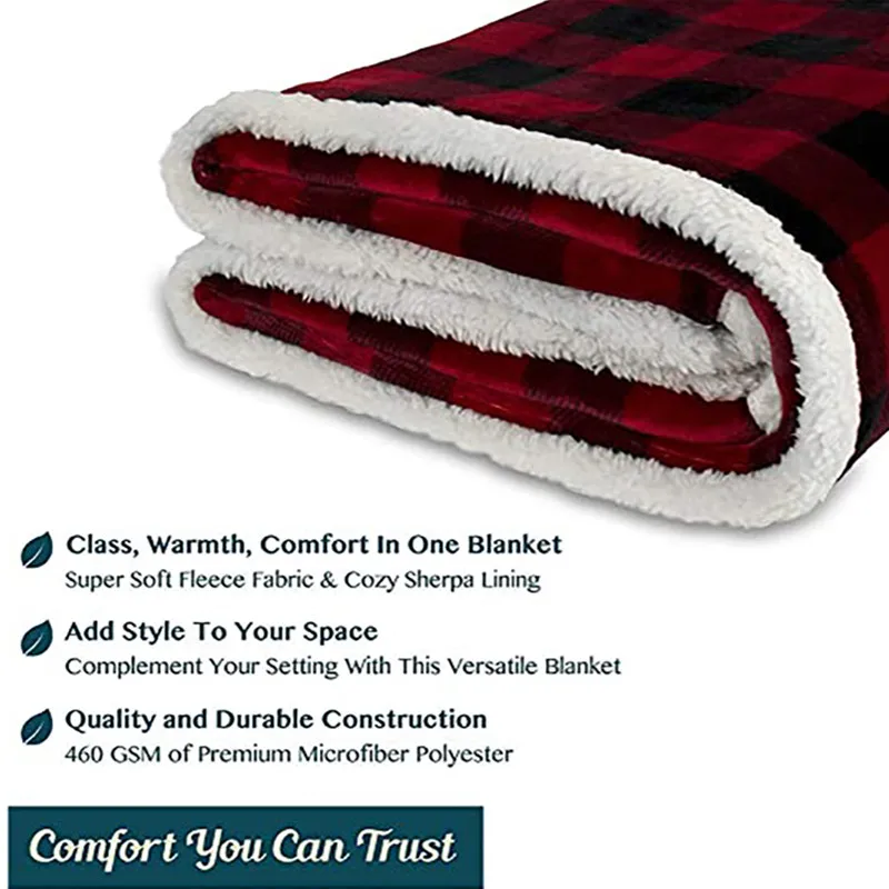Red Plaid Snowflake Sherpa Flannel Double Layer Fluffy Personalized Christmas Blankets Throw  For Sofa Cover