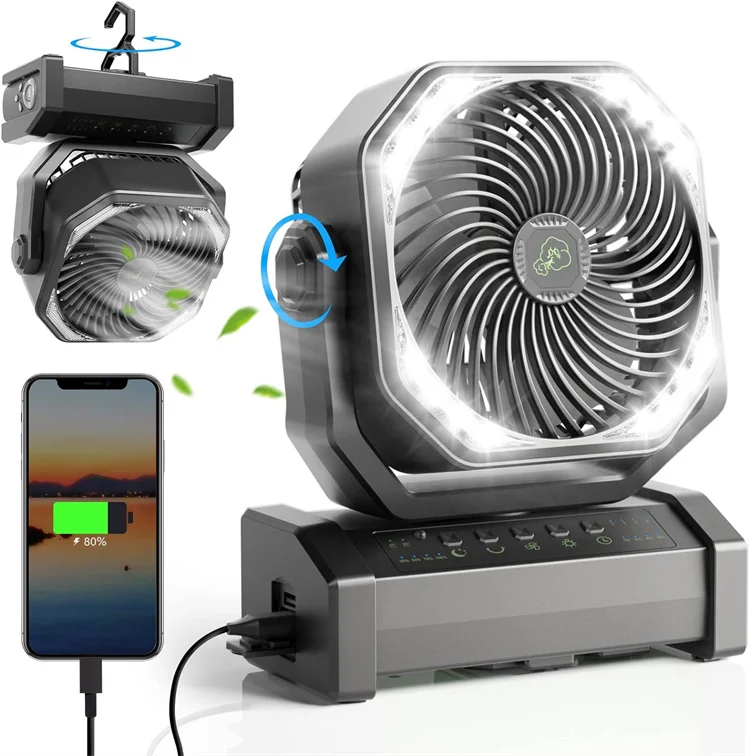 Foldable Hooks Personal Usb Desk Fan 20000mAh Rechargeable Led Light Fan Camping with Light & Remote Oscillating Fan