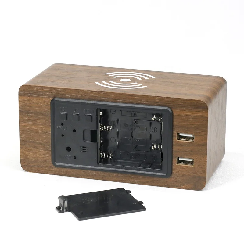 KH-WC028 LED Digital Alarm Clock Wood Phone Qi Wireless Charger with 2 USB Port Hub