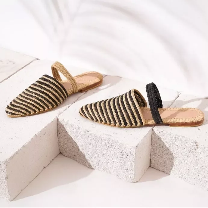 Black And White Striped Head Summer Flat Slippers Women Raffia Shoes Ladies Sandals Slippers Babouche Footwear