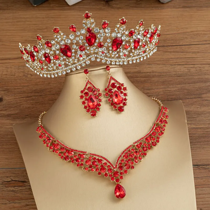 3 Set Qushine Luxury Rhinestone Bridal Jewelry Sets Crystal Crown Tiaras Necklace Earring Set For Bride Hair Accessory