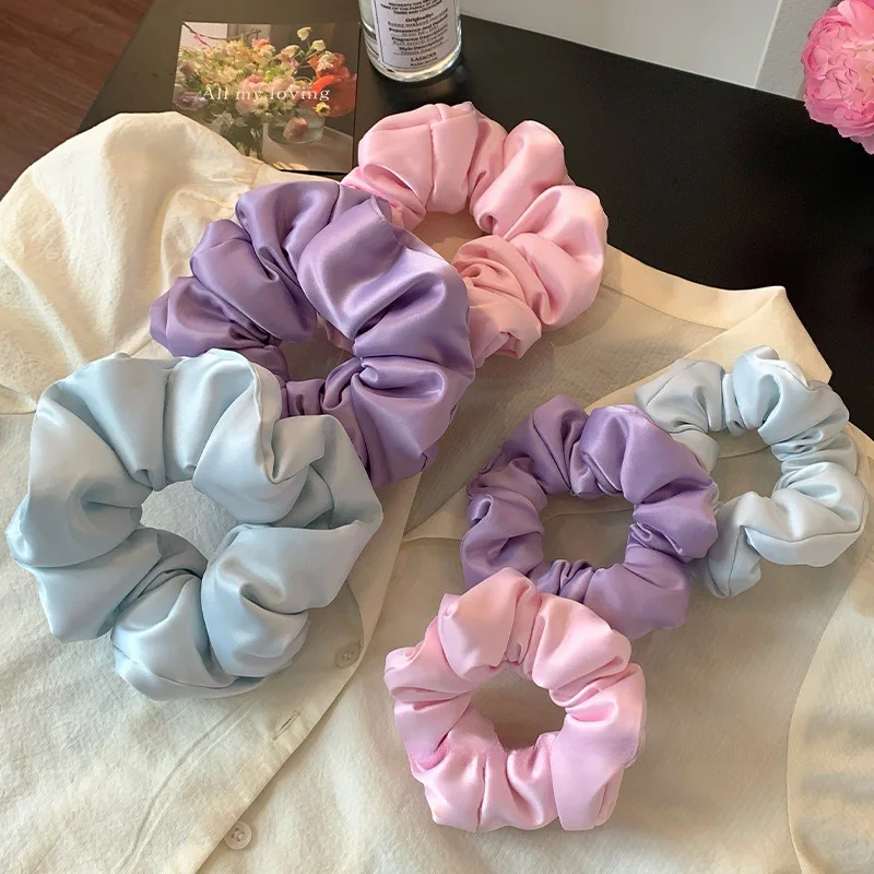 French Sweet Satin Fluffy Scrunchies Sponge Filled Solid Color Women Large Hair Ties Hair Ornaments