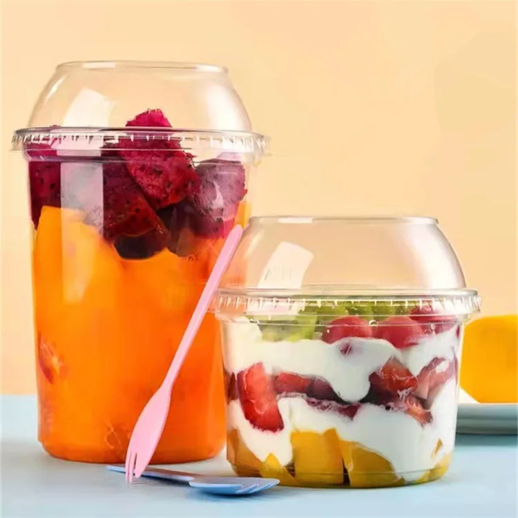 Clear 12/16/20/24oz Plastic Frozen Drink Cup Bubble Fruit Salad In Plastic Cup With Demo Lid