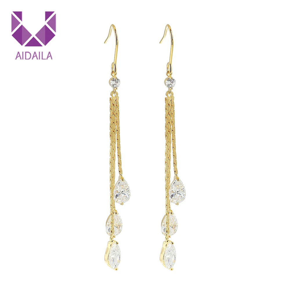 AIDAILA Saudi Gold Jewelry Fashion Long Chain Teardrop Crystal Chandelier Earrings