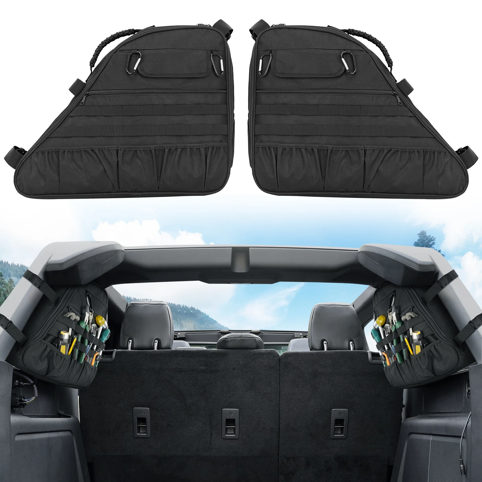 2PCS Roll Bar Storage Bag Cage Rear Cargo Organizer for 2021+Ford Bronco 4 Door Interior Accessories Multi-Pockets storage bags