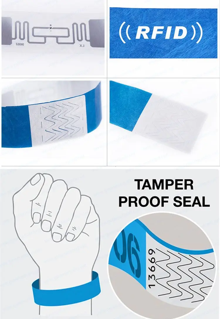 Printable Waterproof Dupont Paper NFC Wristband Tyvek Paper Bracelet PVC RFID bands For events ticket