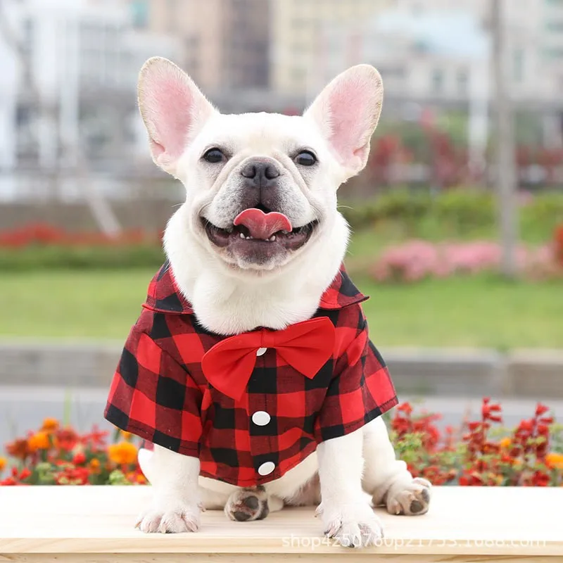 2023 New Arrival Large 5XL Bulldog Rosette Pet Clothing Plaid Dog Shirts Breathable Dog Clothes Drop Ship