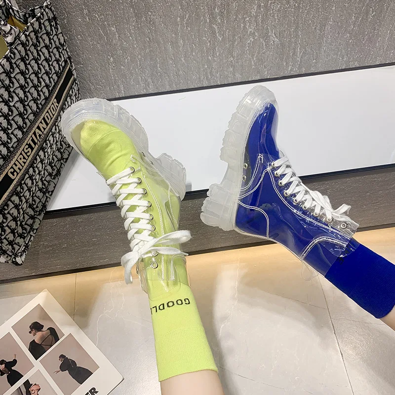 Fashion Waterproof Transparent Ankle Boots Women Shoes Candy Colors Street Wear Martin Platform Boots Female