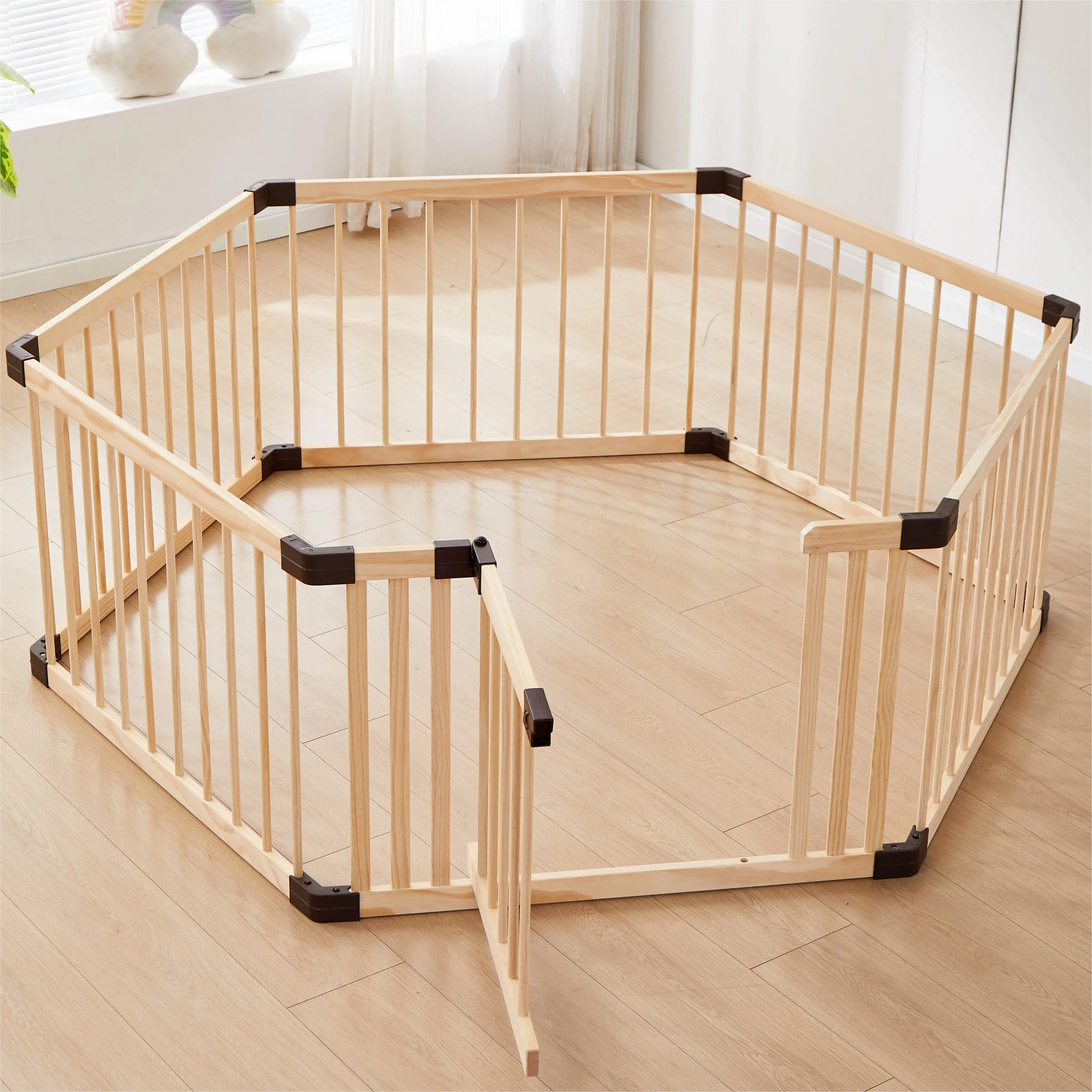 Kids Baby Toddler Playpen Indoor Portable Wooden Freestanding  Kids Baby Pet Cats Dogs Animals Toy Play Fence with Door