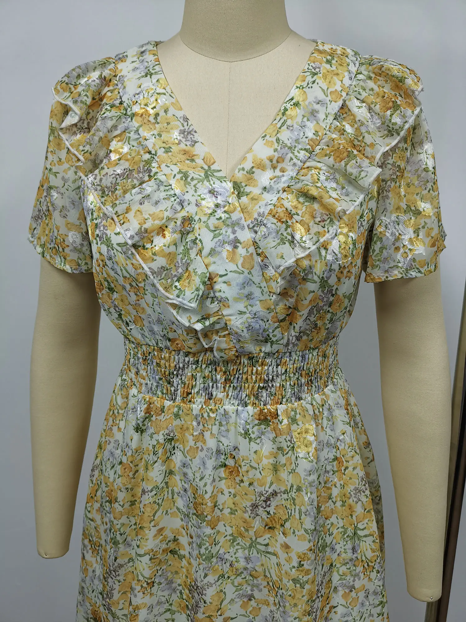 Women Casual Fashion Waist Smocking Ruffles Flower Quality Elegant Dress