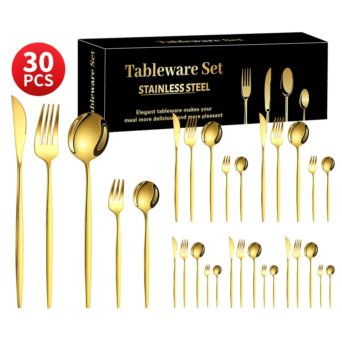 High Luxury 30pcs Gold Cutlery Flatware Set Eco-friendly Stainless Kitchen Silver Spoon Eco-friendly Boxed Polished Pc Gifts
