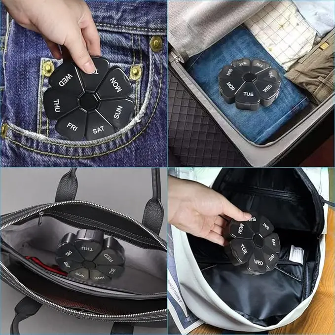 hot sale premium black flower petals pill organizer weekly travel  pill medicine box 7 days grids compartments pill storage box