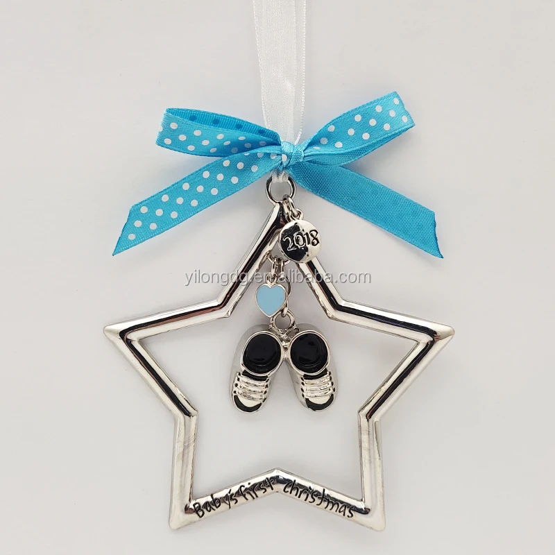 
Новинка, серебряная металлическая звезда с обувью, синяя лента, Детский сарафан, декоративное Рождественское украшение 