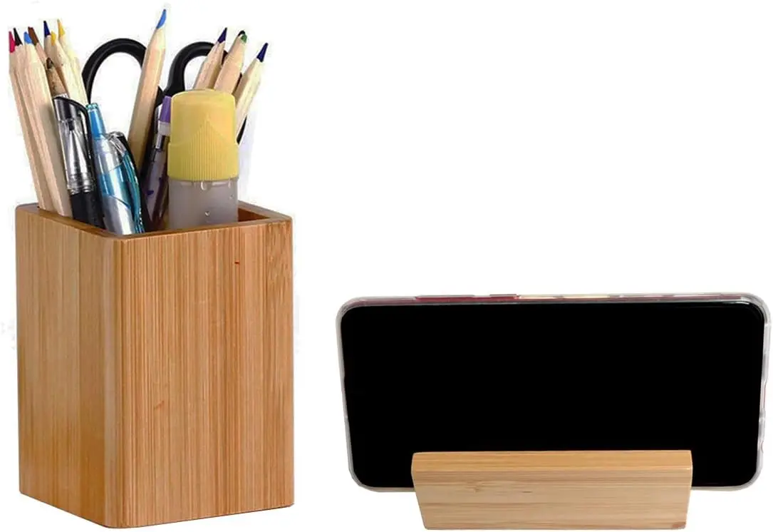 Bamboo and wood pen holder cup and desktop business card holder Office, home, school 2 pack