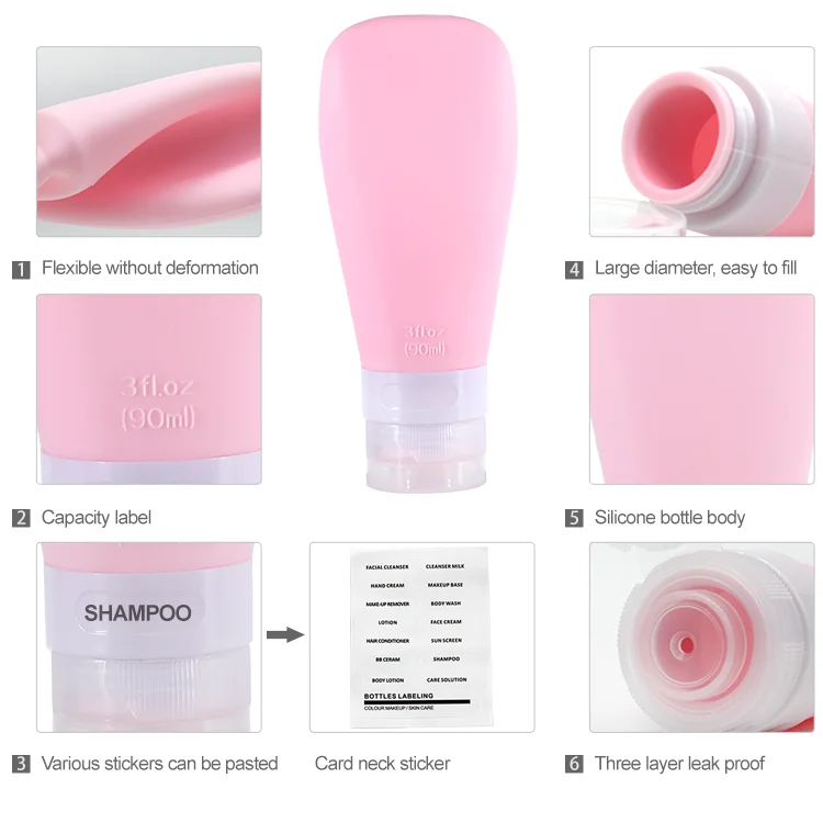 ZhongDing Wholesale Travel Kit Bottles Pvc Bag 38ml 60ml 90ml  Silicone Travel Bottles Set Silicone Travel Bottle With Flip Lip
