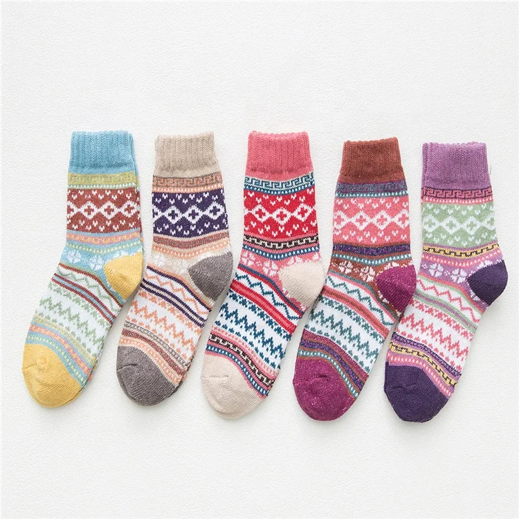 
Vintage Striped Jacquard Pattern Candy Color Happy Sock Winter Rabbit Hair Wool Thicken Warm Casual Socks For Woman 
