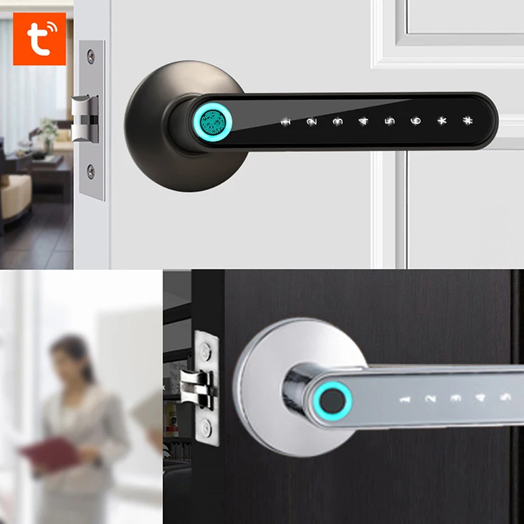Fingerprint Smart Key Electronics Security Bedroom Home Tuya Handle Wood Door Lock