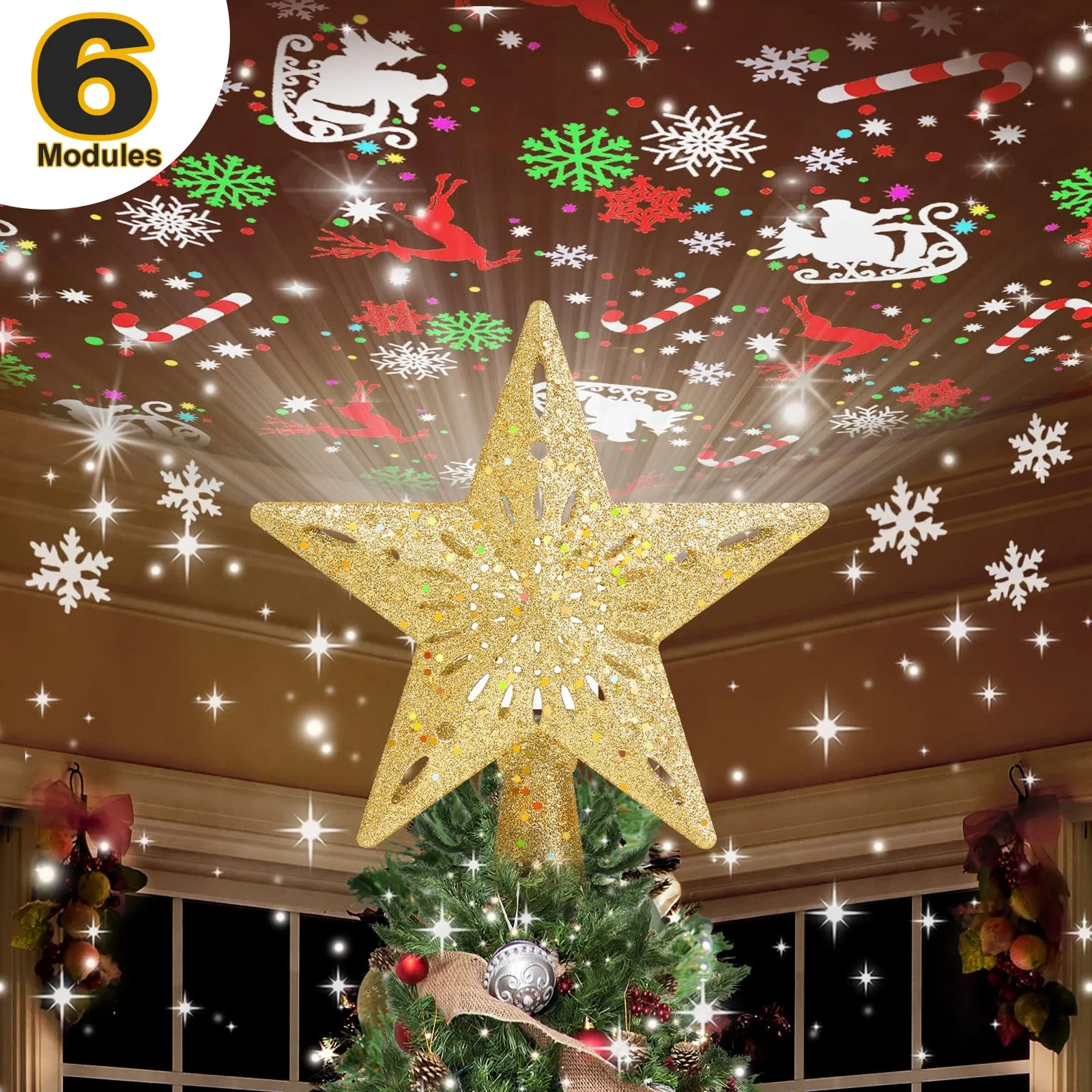 6 Projection Modes LED Rotating Snowflake Projector Lights 3D Hollow Silver Star Christmas Tree Toppers Christmas Lights Top