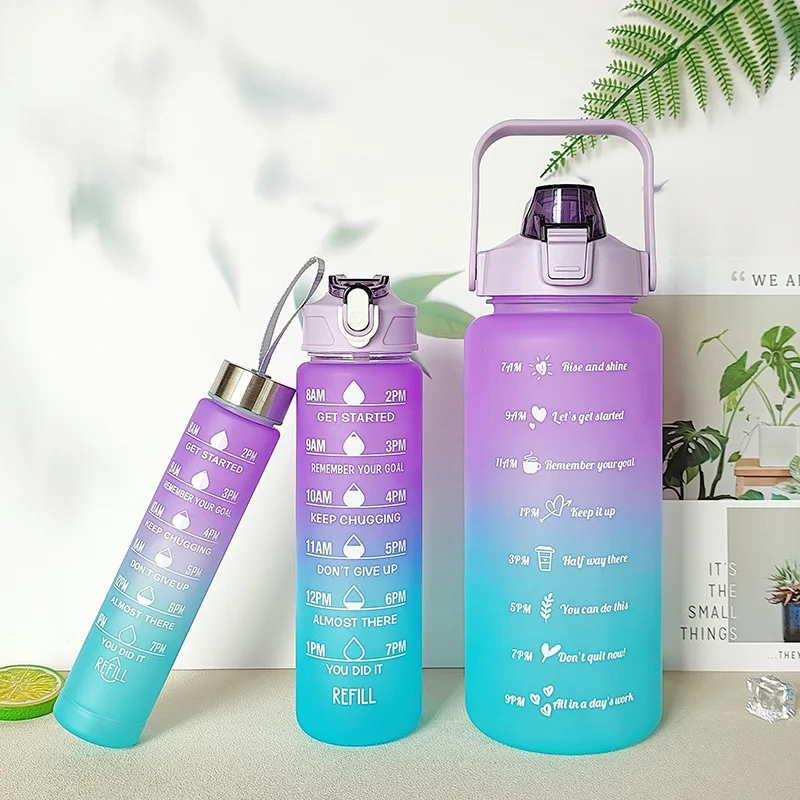 Portable Sports Gradient Color Drinking Water Bottle 3pcs/Set Motivational Water Bottles Set 3 in 1