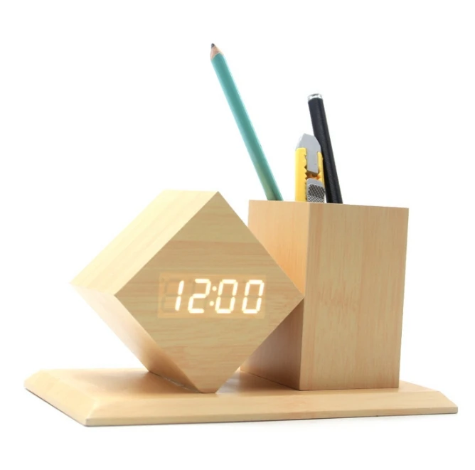 Alarm clock Office Creative Decoration Desk Wooden Pen Holder with Wood Digital LED Alarm Table Clock