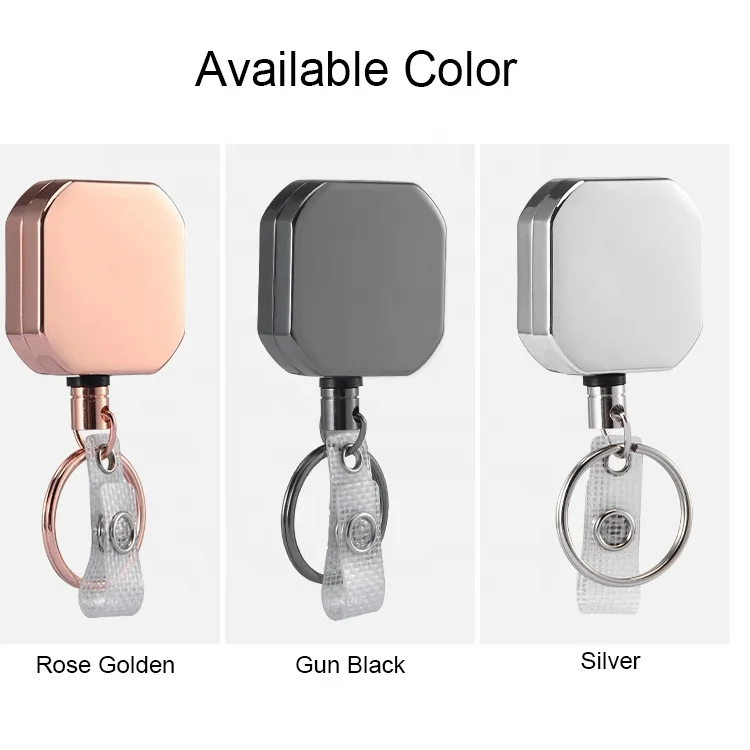Heavy Duty Square Metal Retractable Badge Reel Metallic Pull Wire Cable Keychain Reel for ID Badge Card Holding