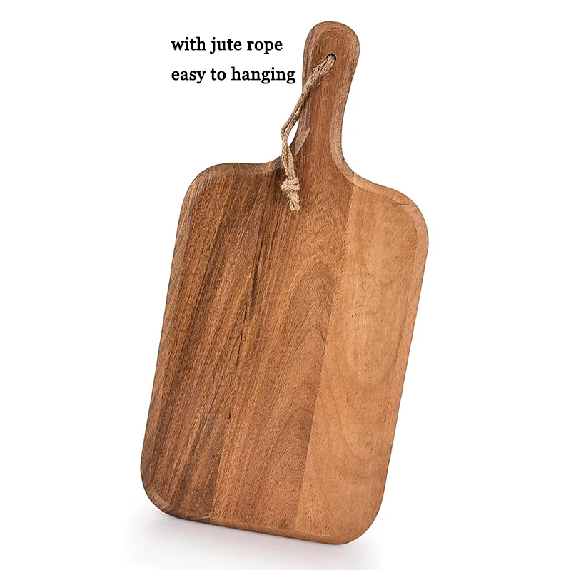 Rounded Edges Natural Acacia Wood Rectangle Cutting Board for Meat Cheese Bread and Vegetables with Grip Handle