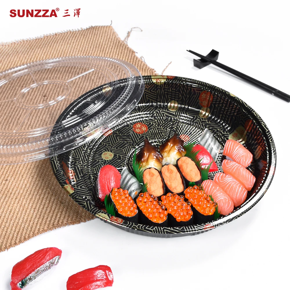 Sunzza free sample huawen 32 cm big round shape size disposable plastic blister pet anti fog lid sushi tray for restaurant