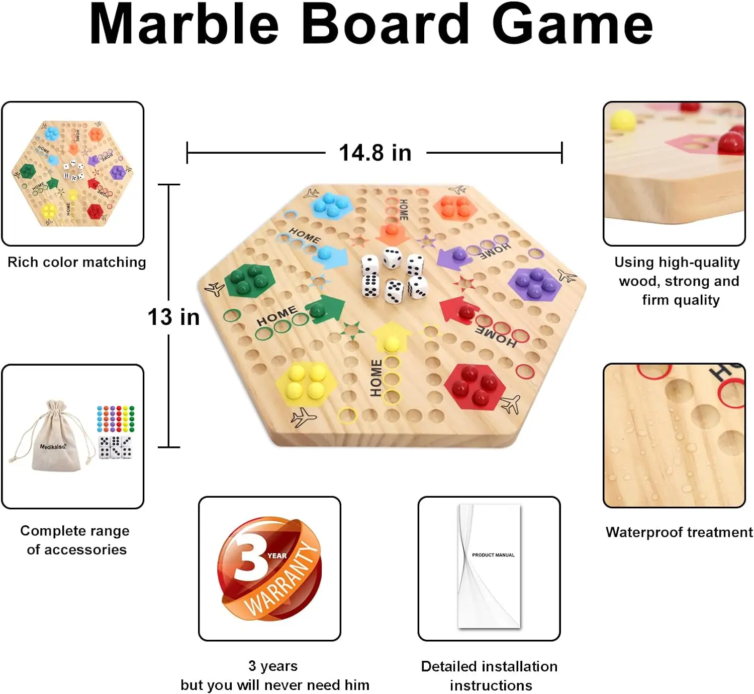 Original Marble Game Board Game Double Sided Painted Solid Wooden Fast Track Board Game for 6 and 4 Players for Family Friends