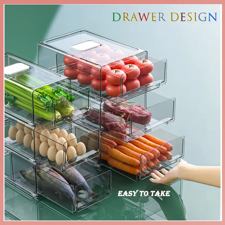 Hot Sale Wholesale Plastic Refrigerator Storage Box Transparent Fridge Drawer Organizer Stackable Refrigerator Organizer
