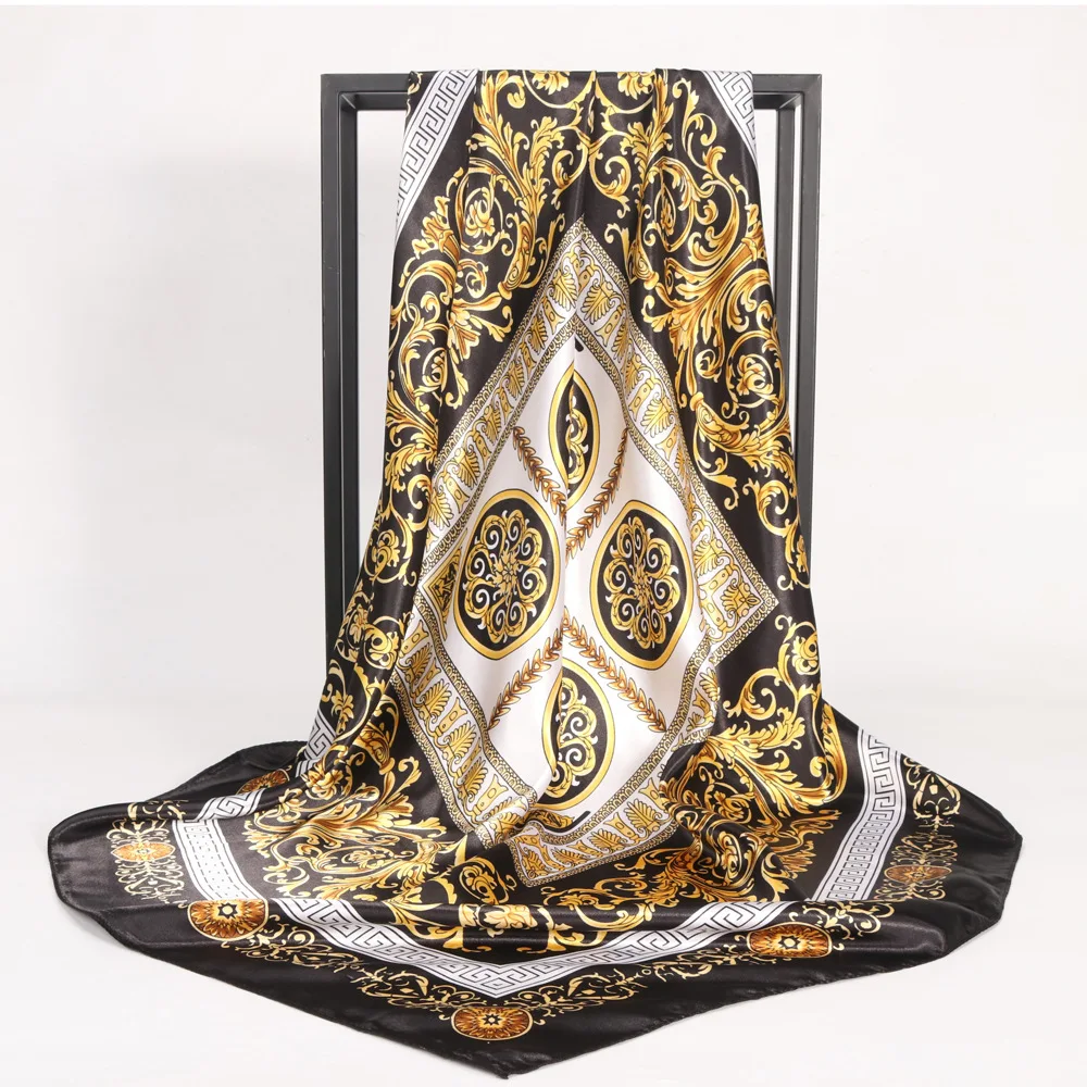 90*90 cm Custom Printing Satin Head Scarf Vintage Silk Luxury Scarf