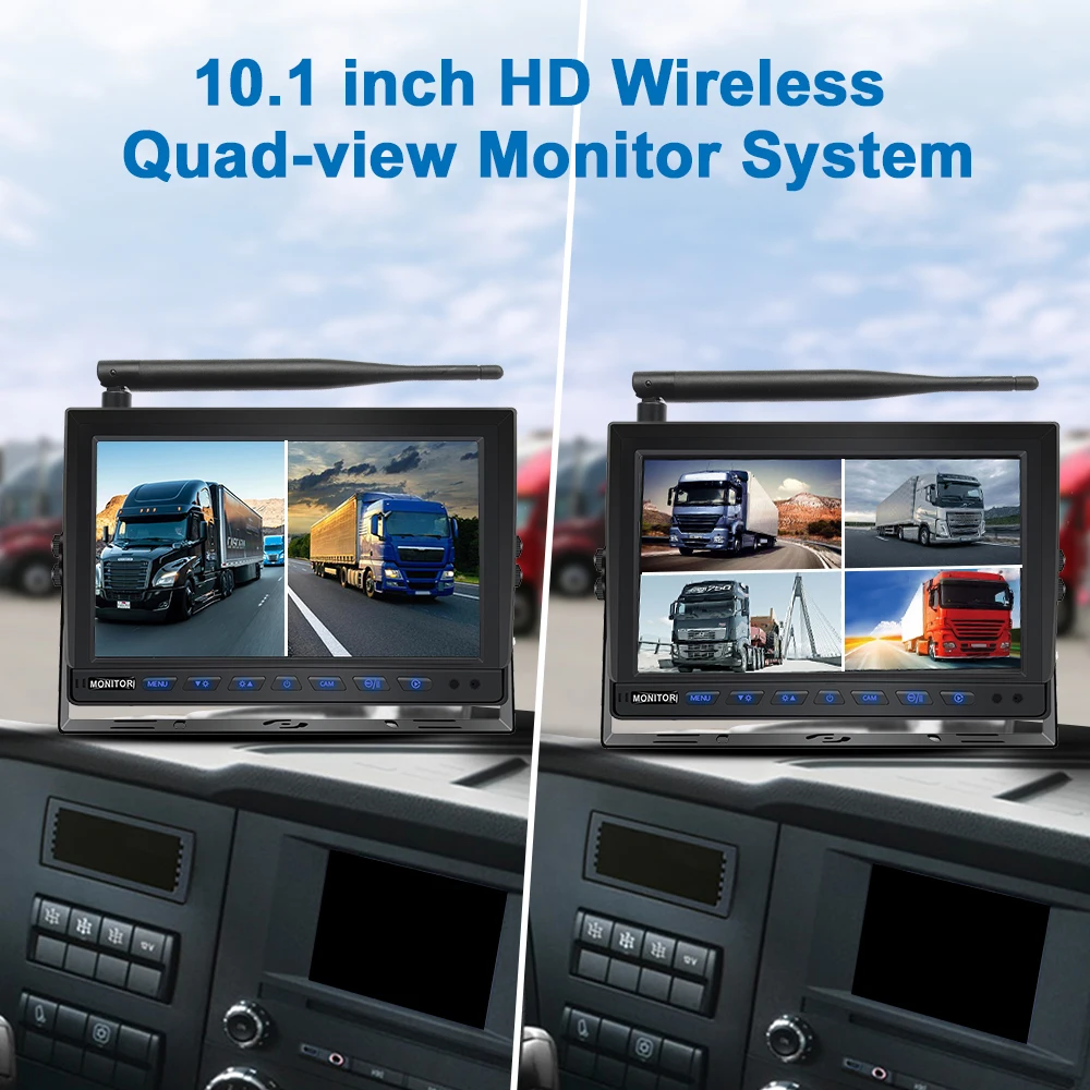 PJAUTO 10.1inch Digital HD DVR Wireless Truck Backup Camera Monitor System Quad View Screen For Truck Bus Farm construction