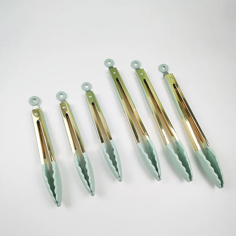 Heat resistant 9 12 inch metal BBQ kitchen serving tongs food grade silicone tips food tongs