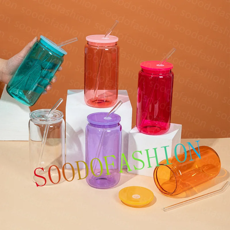 Hot sale Us warehouse 16 oz Beer straight glass can sublimation flask water bottles tumblers with plastic lid and straw