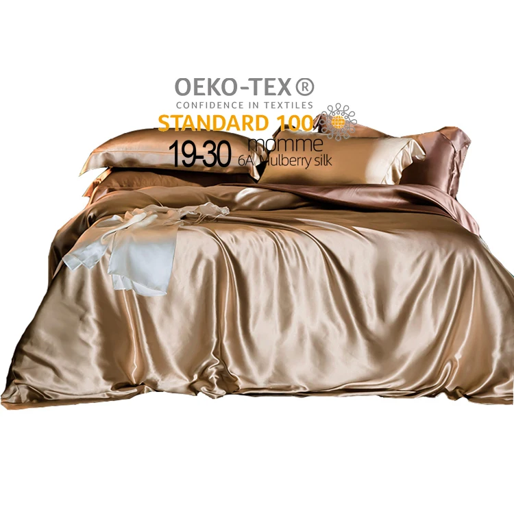 High Quality OEKO-TEX 19mm 22mm hotel bed sheet luxury  100% Pure silk satin duvet cover set Golden silk bedding set
